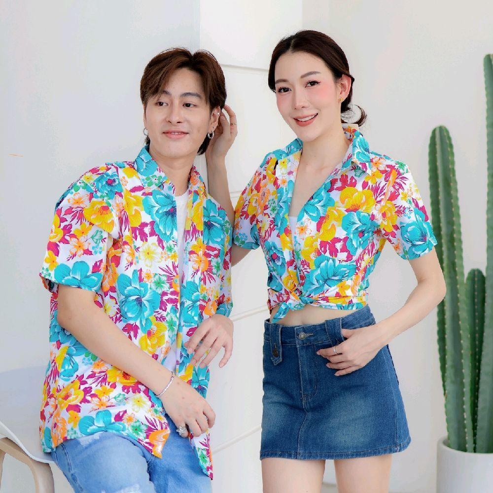 Pink011 เสื้อเชิ้ตลายดอก ผ้าคอตตอน100% สีไม่ตก ผ้าไม่หด ลายคมชัด มีไซส์หญิงชาย 34-56นิ้ว งานป้ายKTIER*1ตัว*