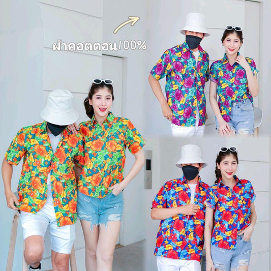 PINK012 เสื้อเชิ้ตลายดอก ผ้าคอตตอน100% สีไม่ตก ผ้าไม่หด ลายคมชัด มีไซส์หญิงชาย 34-56นิ้ว งานป้ายKTIER*1ตัว*