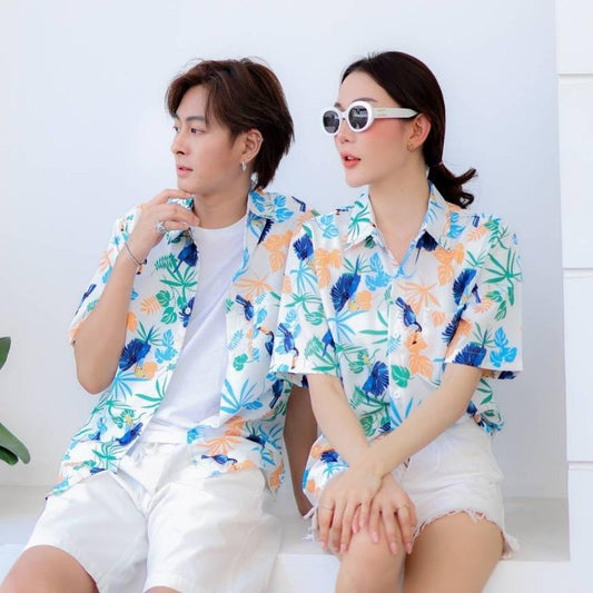 PINK109# เสื้อฮาวาย ทรงวัยรุ่น หญิงชายใส่ได้ ผ้าโพลีพรีเมี่ยม ไซส์เด็ก-ผู้ใหญ่ งานป้าย ลายคมชัด **1ตัว**