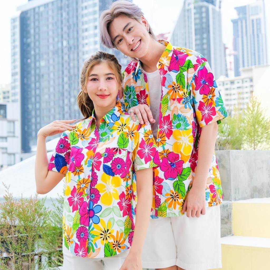 06(ครบทีม)เสื้อสงกรานต์ลายดอก ผ้าคอตตอน100 ครบไซส์ครอบครัว