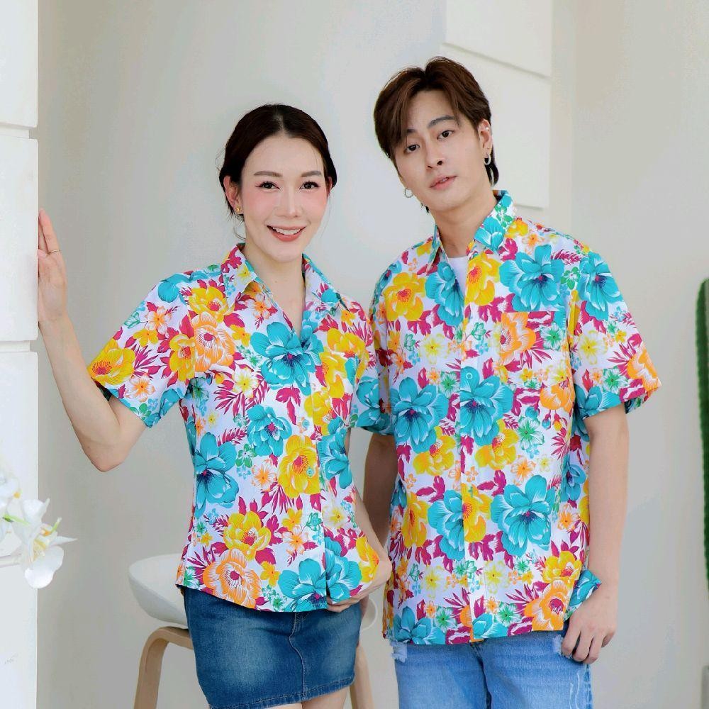 Pink011 เสื้อเชิ้ตลายดอก ผ้าคอตตอน100% สีไม่ตก ผ้าไม่หด ลายคมชัด มีไซส์หญิงชาย 34-56นิ้ว งานป้ายKTIER*1ตัว*