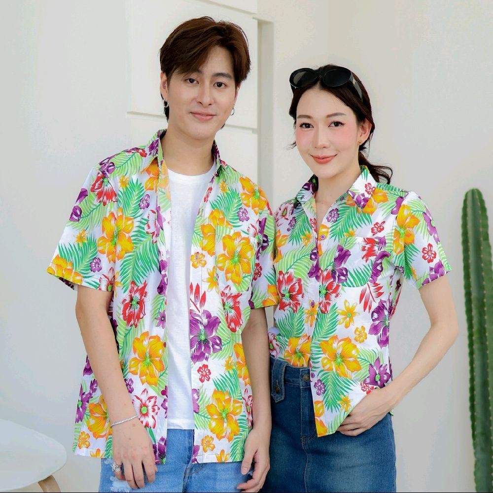 PINK017 เสื้อเชิ้ตลายดอก ผ้าคอตตอน100% สีไม่ตก ผ้าไม่หด ลายคมชัด มีไซส์หญิงชาย S-5XL งาน ป้ายKTIER*1ตัว*