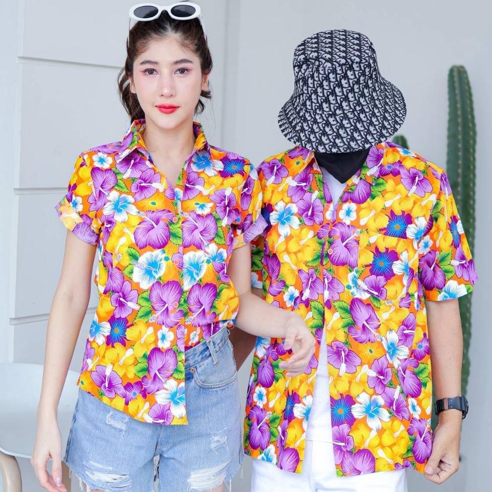 PINK016 เสื้อเชิ้ตลายดอก ผ้าคอตตอน100% สีไม่ตก ผ้าไม่หด ลายคมชัด มีไซส์หญิงชาย S-5XL งานป้ายKTIER*1ตัว*