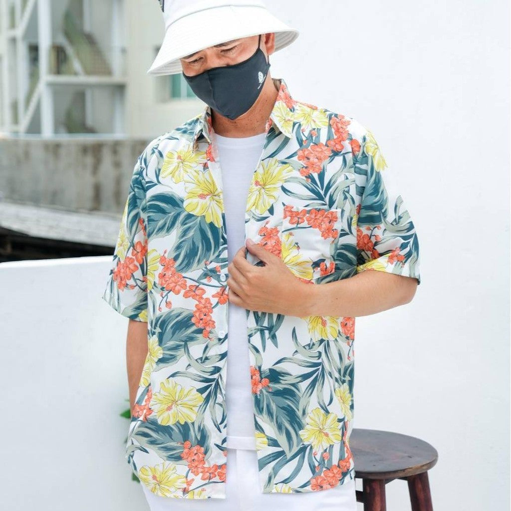 Pink3330เสื้อฮาวาย ไซส์เด็ก-ผู้ใหญ่8XL ครบทีม ผ้าโพลีพลีเมี่ยม ทรงวัยรุ่น หญิงชายใส่ได้ ลายดอก คมชัด **1ตัว**
