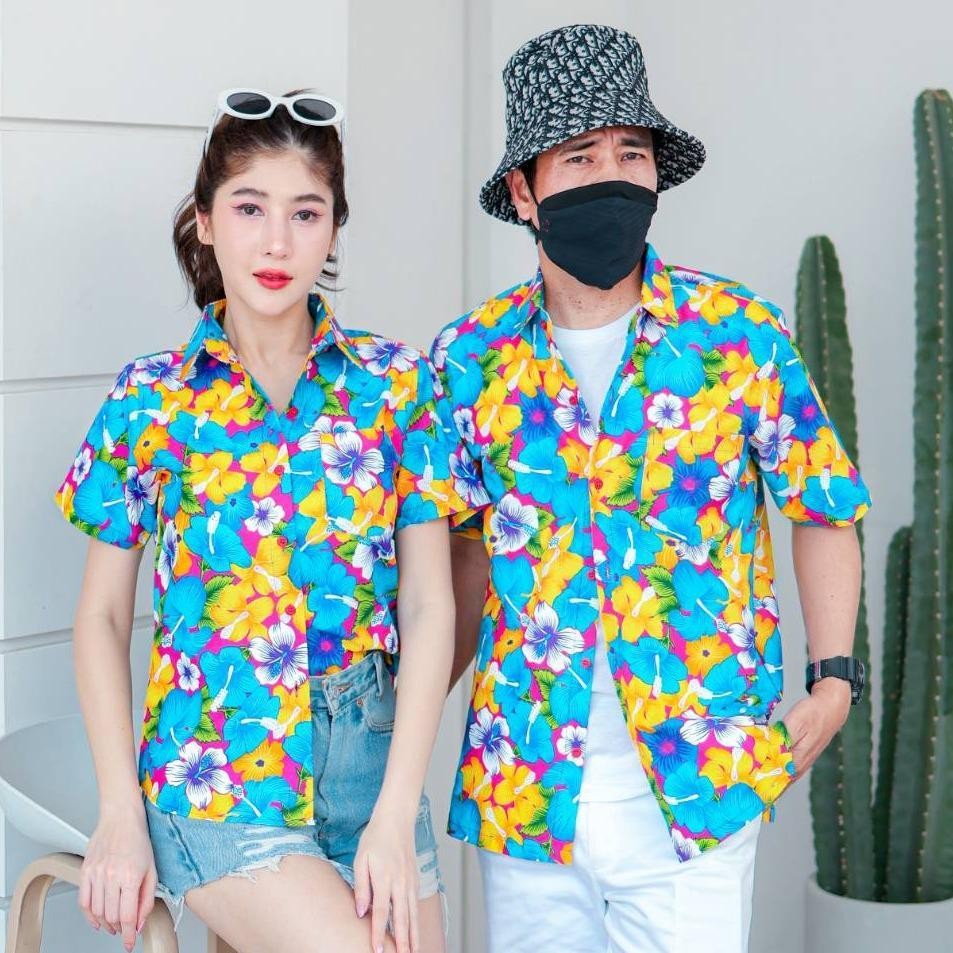 PINK016 เสื้อเชิ้ตลายดอก ผ้าคอตตอน100% สีไม่ตก ผ้าไม่หด ลายคมชัด มีไซส์หญิงชาย S-5XL งานป้ายKTIER*1ตัว*