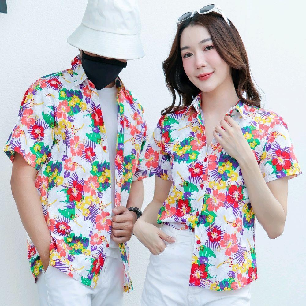 PINK026เสื้อเชิ้ตลายดอก ผ้าคอตตอน100% สีไม่ตก ผ้าไม่หด ไซส์หญิงชาย S-5XL งานป้ายKTIER**1ตัว**