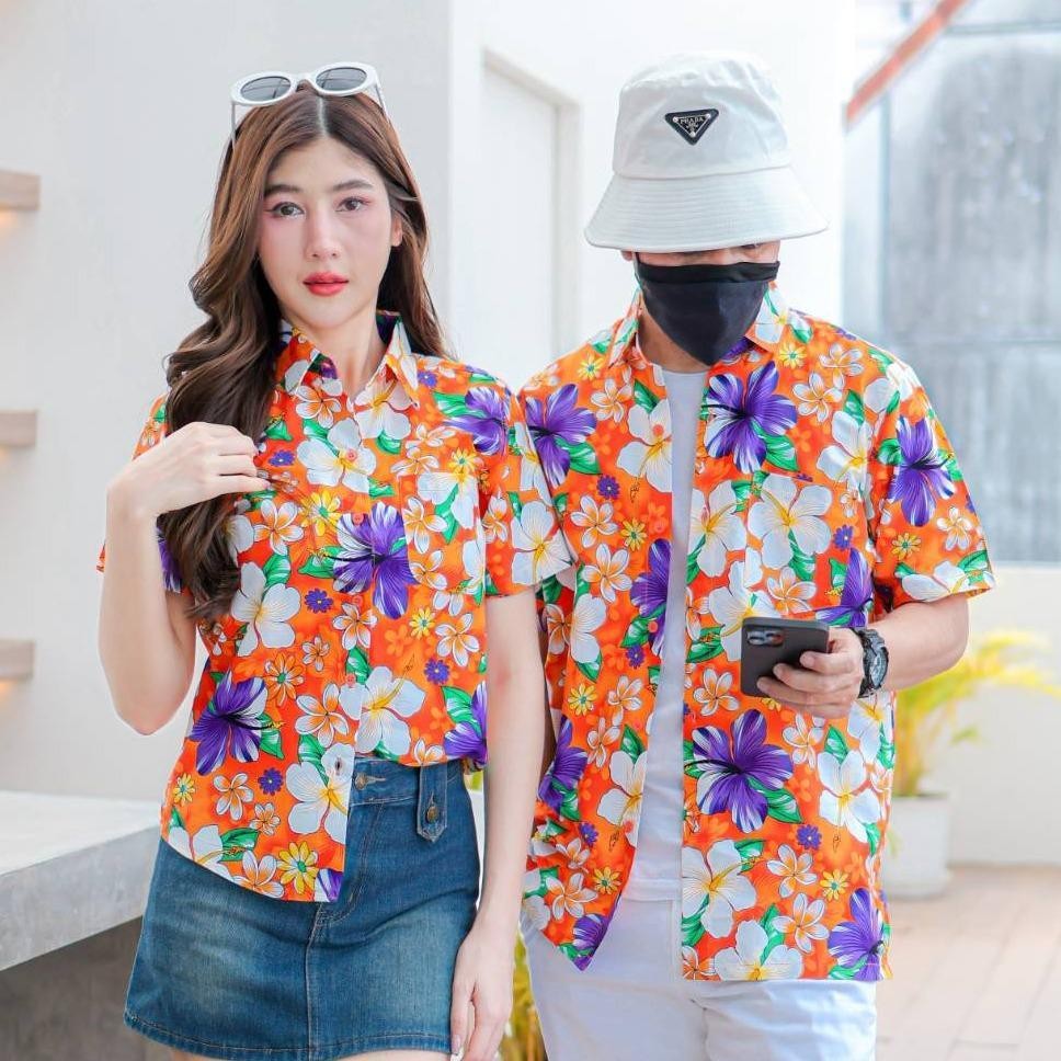 PINK018 เสื้อเชิ้ตลายดอก ผ้าคอตตอน100% สีไม่ตก ผ้าไม่หด ลายคมชัด มีไซส์หญิงชาย S-5XL งานป้ายKTIER*1ตัว*