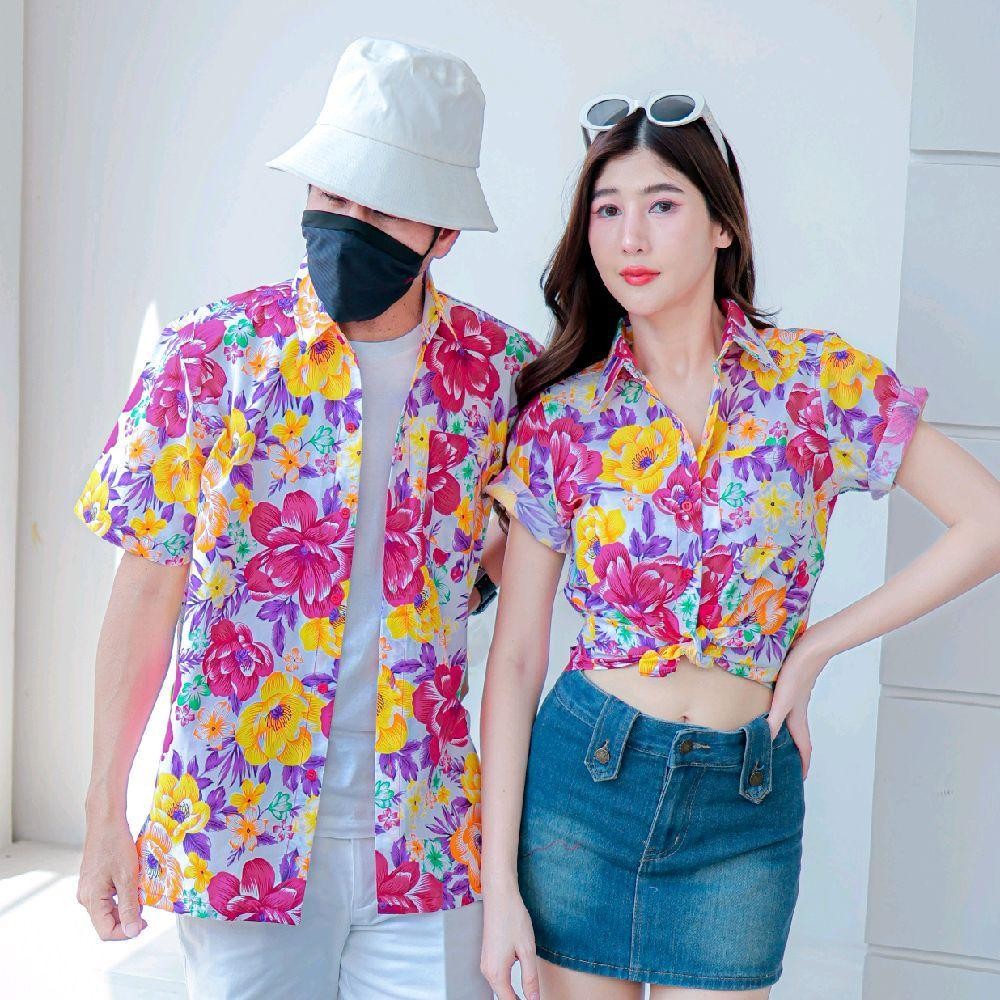 Pink011 เสื้อเชิ้ตลายดอก ผ้าคอตตอน100% สีไม่ตก ผ้าไม่หด ลายคมชัด มีไซส์หญิงชาย 34-56นิ้ว งานป้ายKTIER*1ตัว*