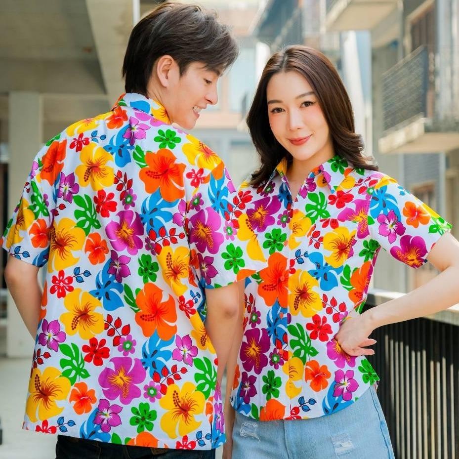 Pink02 เสื้อเชิ้ตลายดอก ผ้าคอตตอน100% สีไม่ตก ผ้าไม่หด มีไซส์หญิงชาย S-6XL งานป้ายKTIERออกแบบเอง*1ตัว*