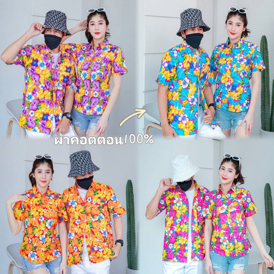 PINK016 เสื้อเชิ้ตลายดอก ผ้าคอตตอน100% สีไม่ตก ผ้าไม่หด ลายคมชัด มีไซส์หญิงชาย S-5XL งานป้ายKTIER*1ตัว*