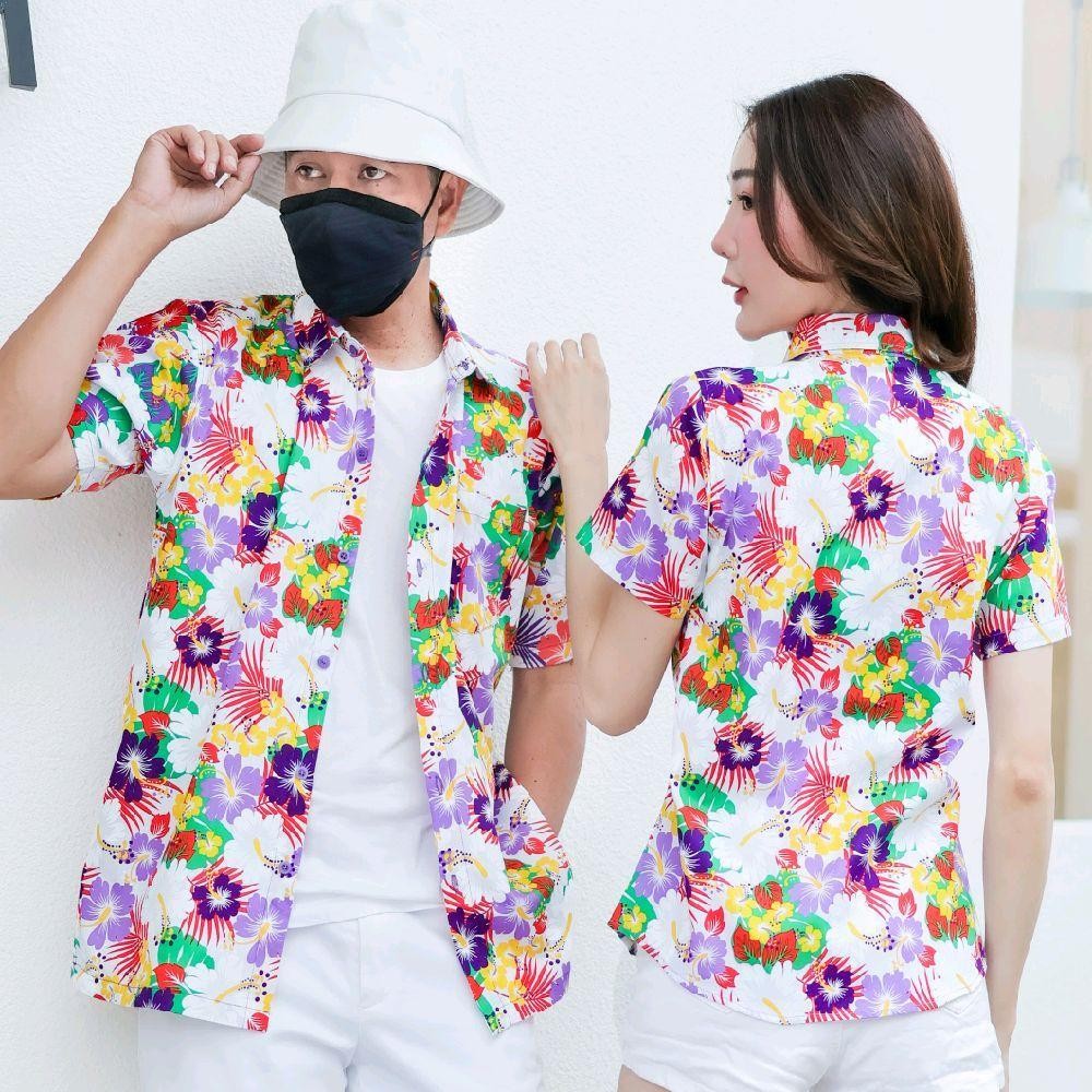 PINK026เสื้อเชิ้ตลายดอก ผ้าคอตตอน100% สีไม่ตก ผ้าไม่หด ไซส์หญิงชาย S-5XL งานป้ายKTIER**1ตัว**