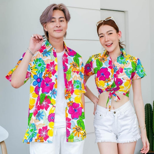 06(ครบทีม)เสื้อสงกรานต์ลายดอก ผ้าคอตตอน100 ครบไซส์ครอบครัว