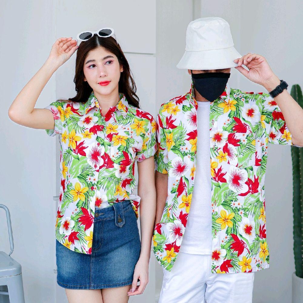Pink04 เสื้อเชิ้ตลายดอก ผ้าคอตตอน100% สีไม่ตก ผ้าไม่หด ลายคมชัด มีไซส์หญิงชาย 34-54นิ้ว งานป้ายKTIER*1ตัว*