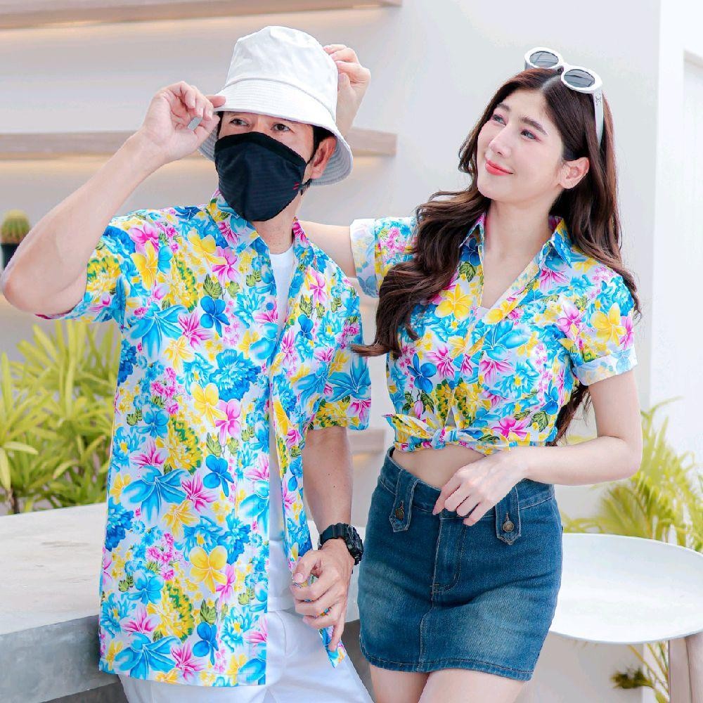 PINK013 เสื้อเชิ้ตลายดอก ผ้าคอตตอน100% สีไม่ตก ผ้าไม่หด ลายคมชัด มีไซส์หญิงชาย S-5XL งานป้าย KTIER*1ตัว*