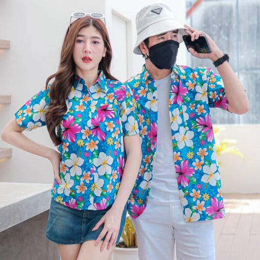 PINK018 เสื้อเชิ้ตลายดอก ผ้าคอตตอน100% สีไม่ตก ผ้าไม่หด ลายคมชัด มีไซส์หญิงชาย S-5XL งานป้ายKTIER*1ตัว*