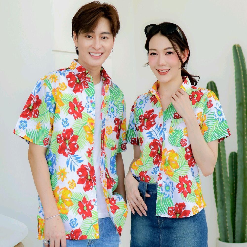 PINK017 เสื้อเชิ้ตลายดอก ผ้าคอตตอน100% สีไม่ตก ผ้าไม่หด ลายคมชัด มีไซส์หญิงชาย S-5XL งาน ป้ายKTIER*1ตัว*