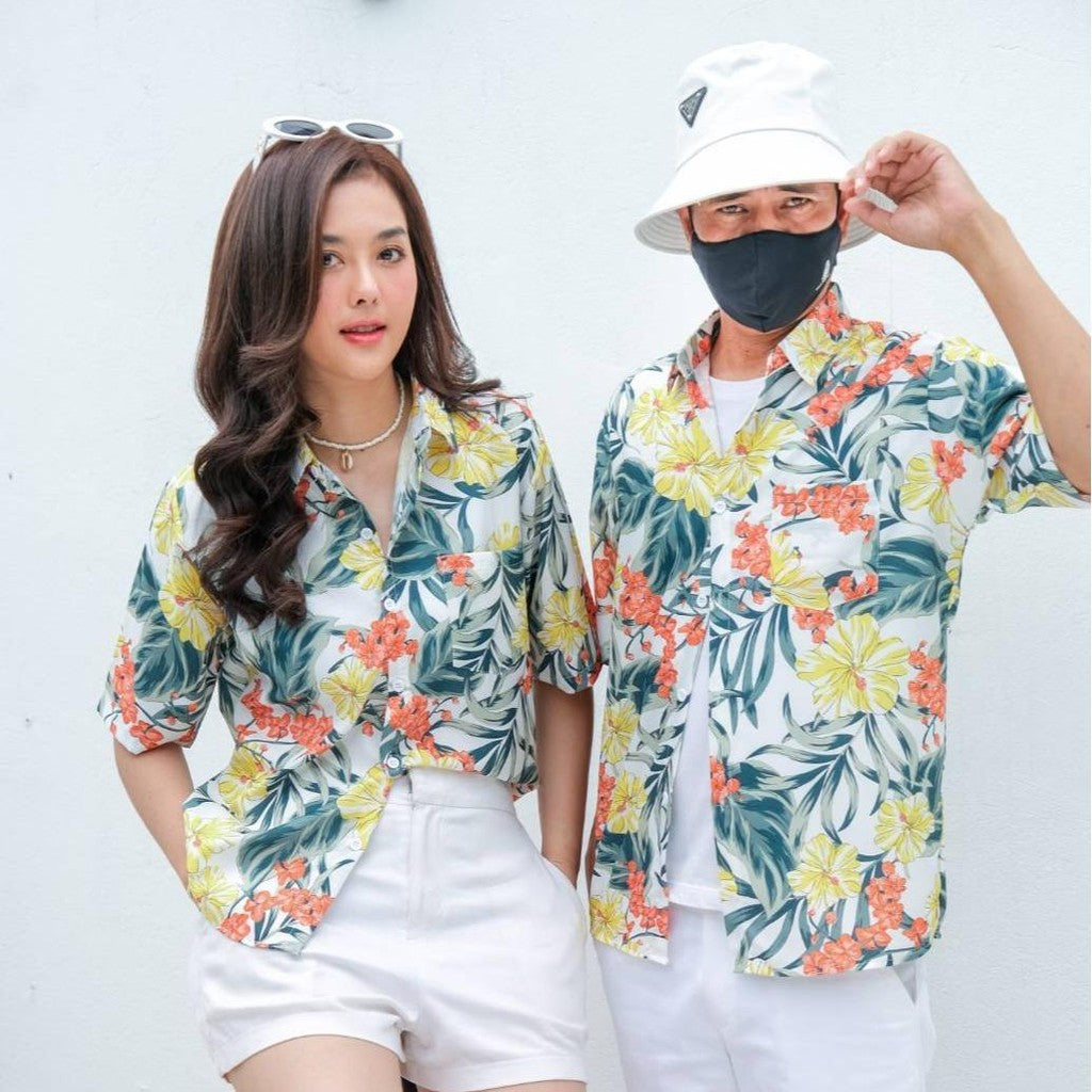 Pink3330เสื้อฮาวาย ไซส์เด็ก-ผู้ใหญ่8XL ครบทีม ผ้าโพลีพลีเมี่ยม ทรงวัยรุ่น หญิงชายใส่ได้ ลายดอก คมชัด **1ตัว**