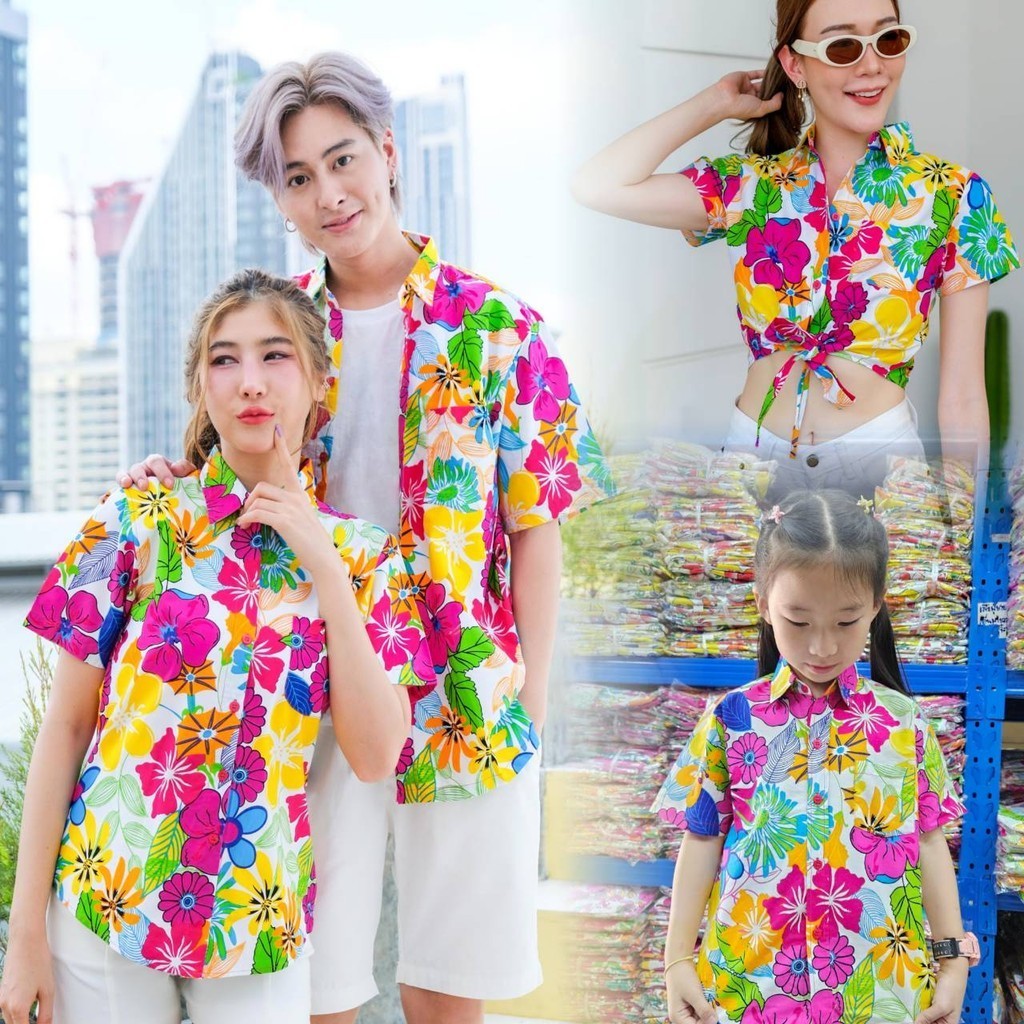 06(ครบทีม)เสื้อสงกรานต์ลายดอก ผ้าคอตตอน100 ครบไซส์ครอบครัว