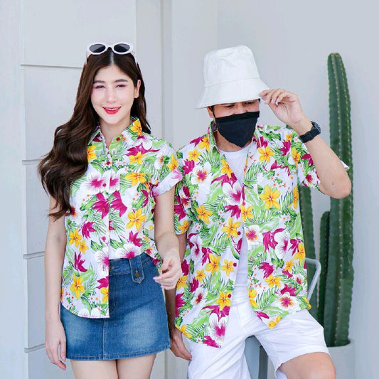 Pink04 เสื้อเชิ้ตลายดอก ผ้าคอตตอน100% สีไม่ตก ผ้าไม่หด ลายคมชัด มีไซส์หญิงชาย 34-54นิ้ว งานป้ายKTIER*1ตัว*