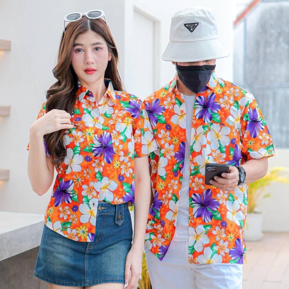 PINK018 เสื้อเชิ้ตลายดอก ผ้าคอตตอน100% สีไม่ตก ผ้าไม่หด ลายคมชัด มีไซส์หญิงชาย S-5XL งานป้ายKTIER*1ตัว*