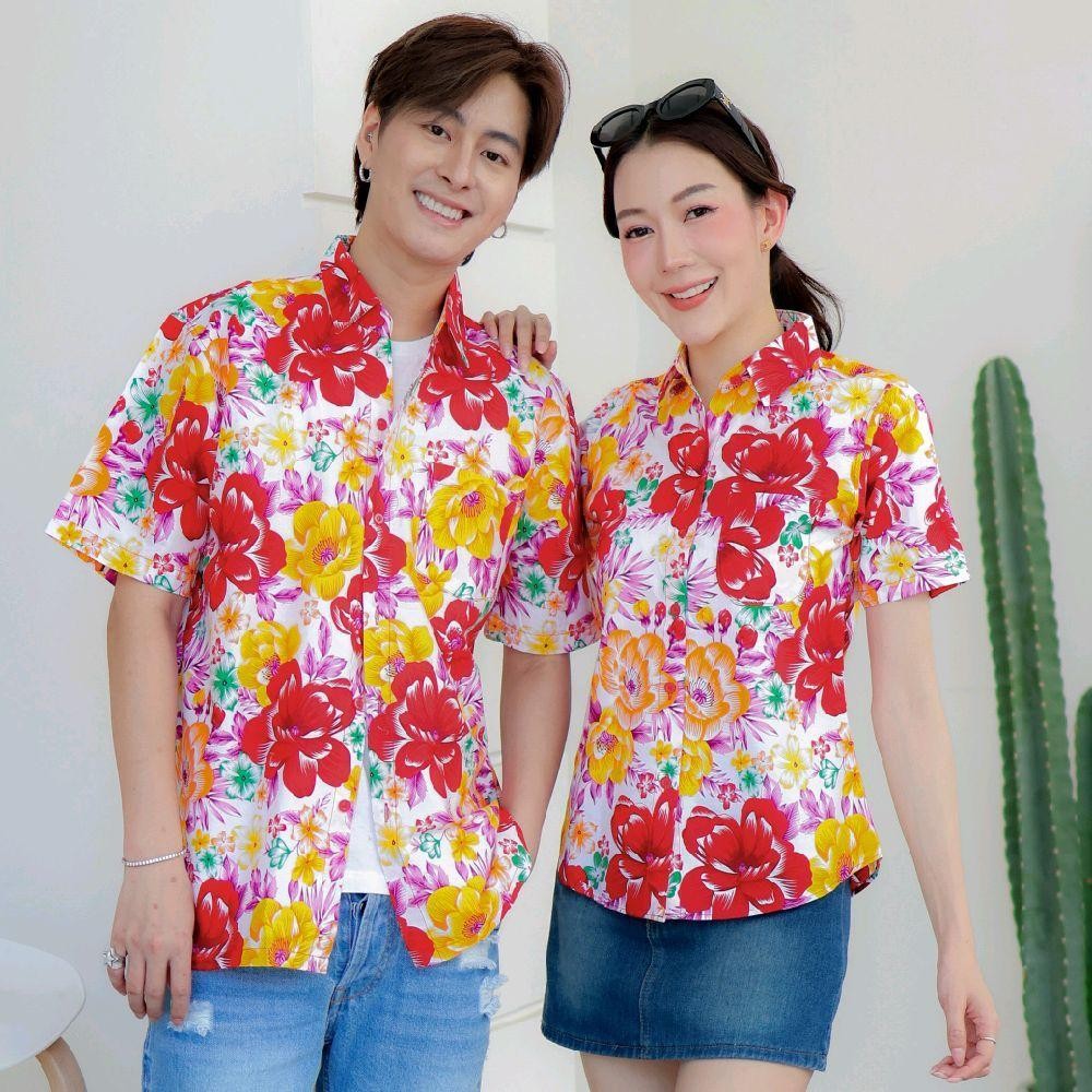 Pink011 เสื้อเชิ้ตลายดอก ผ้าคอตตอน100% สีไม่ตก ผ้าไม่หด ลายคมชัด มีไซส์หญิงชาย 34-56นิ้ว งานป้ายKTIER*1ตัว*