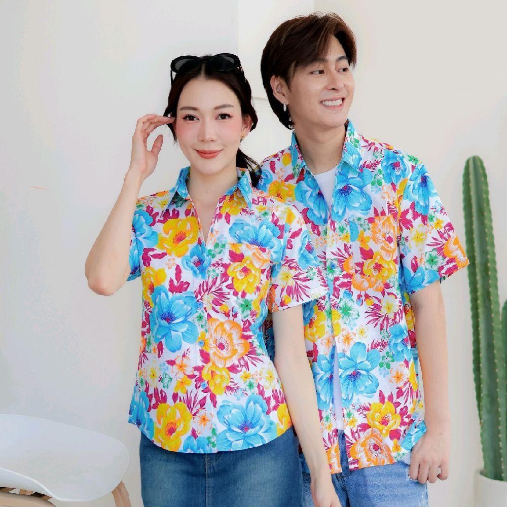 Pink011 เสื้อเชิ้ตลายดอก ผ้าคอตตอน100% สีไม่ตก ผ้าไม่หด ลายคมชัด มีไซส์หญิงชาย 34-56นิ้ว งานป้ายKTIER*1ตัว*