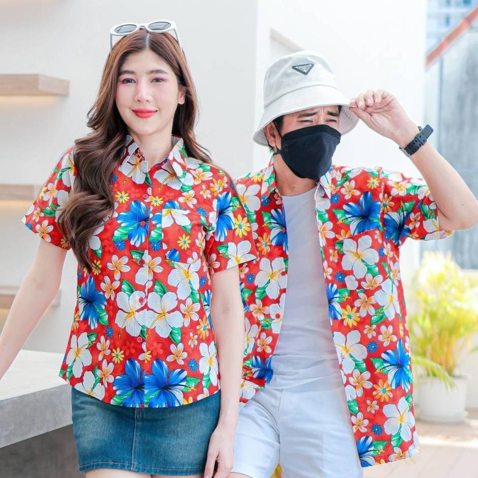 PINK018 เสื้อเชิ้ตลายดอก ผ้าคอตตอน100% สีไม่ตก ผ้าไม่หด ลายคมชัด มีไซส์หญิงชาย S-5XL งานป้ายKTIER*1ตัว*
