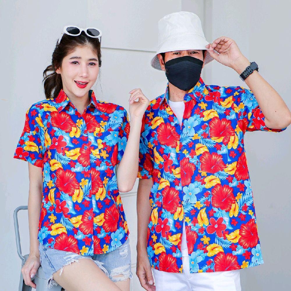 PINK012 เสื้อเชิ้ตลายดอก ผ้าคอตตอน100% สีไม่ตก ผ้าไม่หด ลายคมชัด มีไซส์หญิงชาย 34-56นิ้ว งานป้ายKTIER*1ตัว*