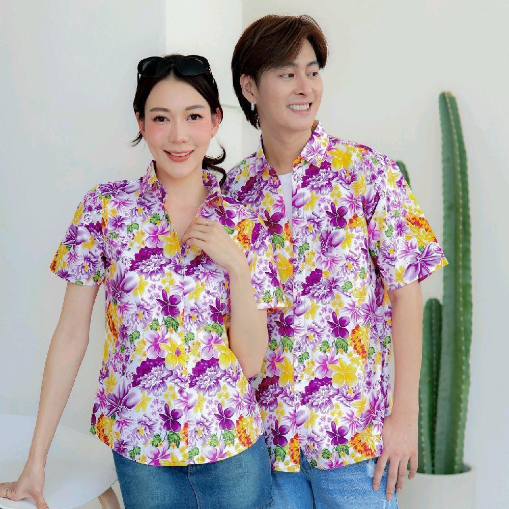 PINK013 เสื้อเชิ้ตลายดอก ผ้าคอตตอน100% สีไม่ตก ผ้าไม่หด ลายคมชัด มีไซส์หญิงชาย S-5XL งานป้าย KTIER*1ตัว*