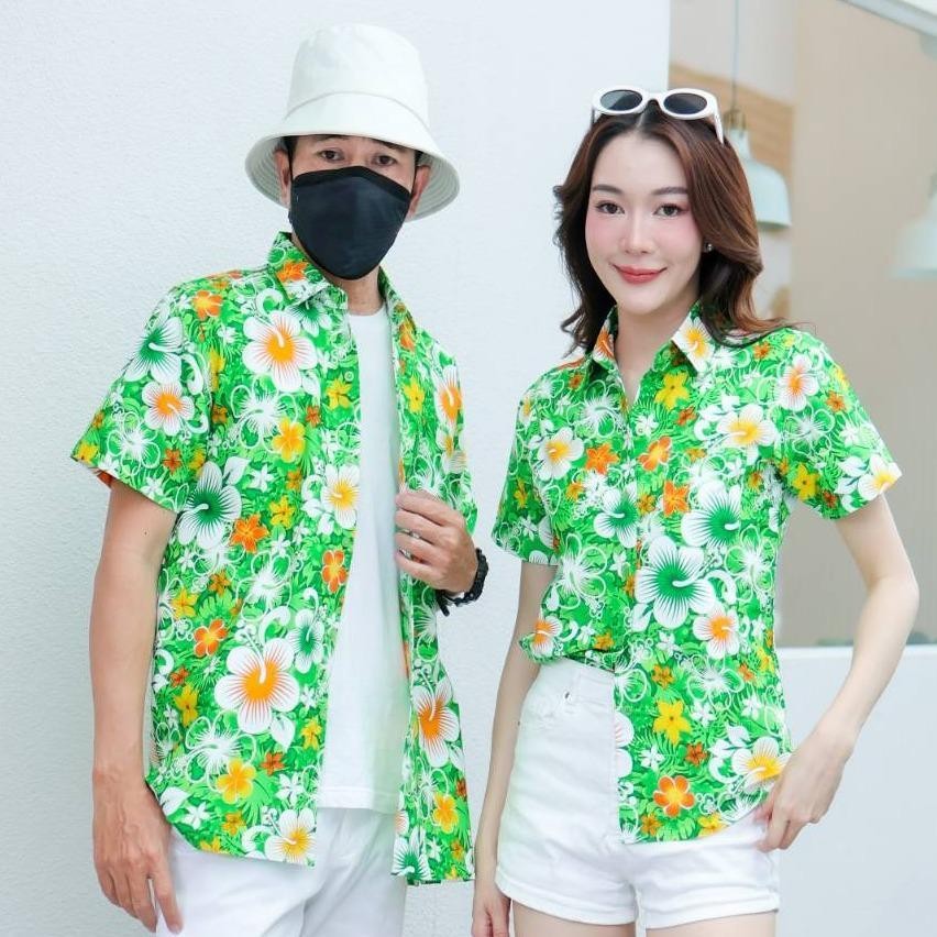 PING020เสื้อเชิ้ตลายดอกผ้าคอตตอน100% สีไม่ตก ผ้าไม่หด ลายคมชัด ไซส์หญิงชาย S-5XL งานป้าย**1ตัว**