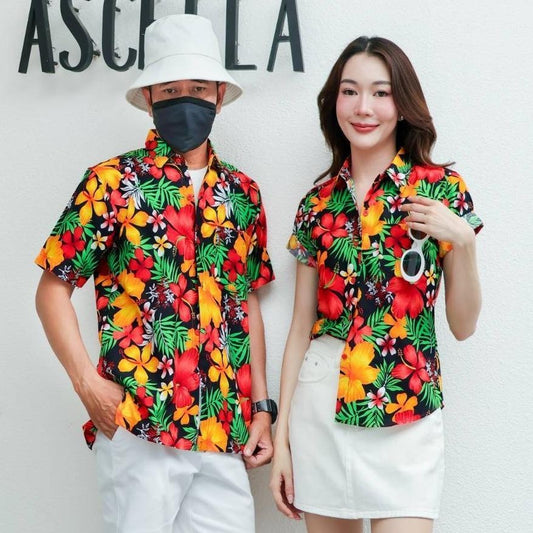 PINK024 เสื้อเชิ้ตลายดอกผ้าคอตตอน100% สีไม่ตก ผ้าไม่หด ลายคมชัด มีไซส์หญิงชาย S-5XL งานป้าย**1ตัว**