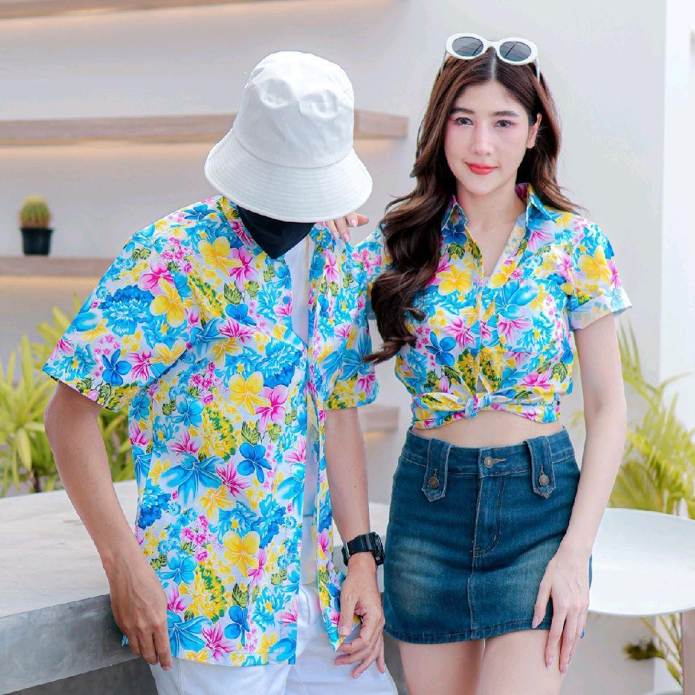 PINK013 เสื้อเชิ้ตลายดอก ผ้าคอตตอน100% สีไม่ตก ผ้าไม่หด ลายคมชัด มีไซส์หญิงชาย S-5XL งานป้าย KTIER*1ตัว*