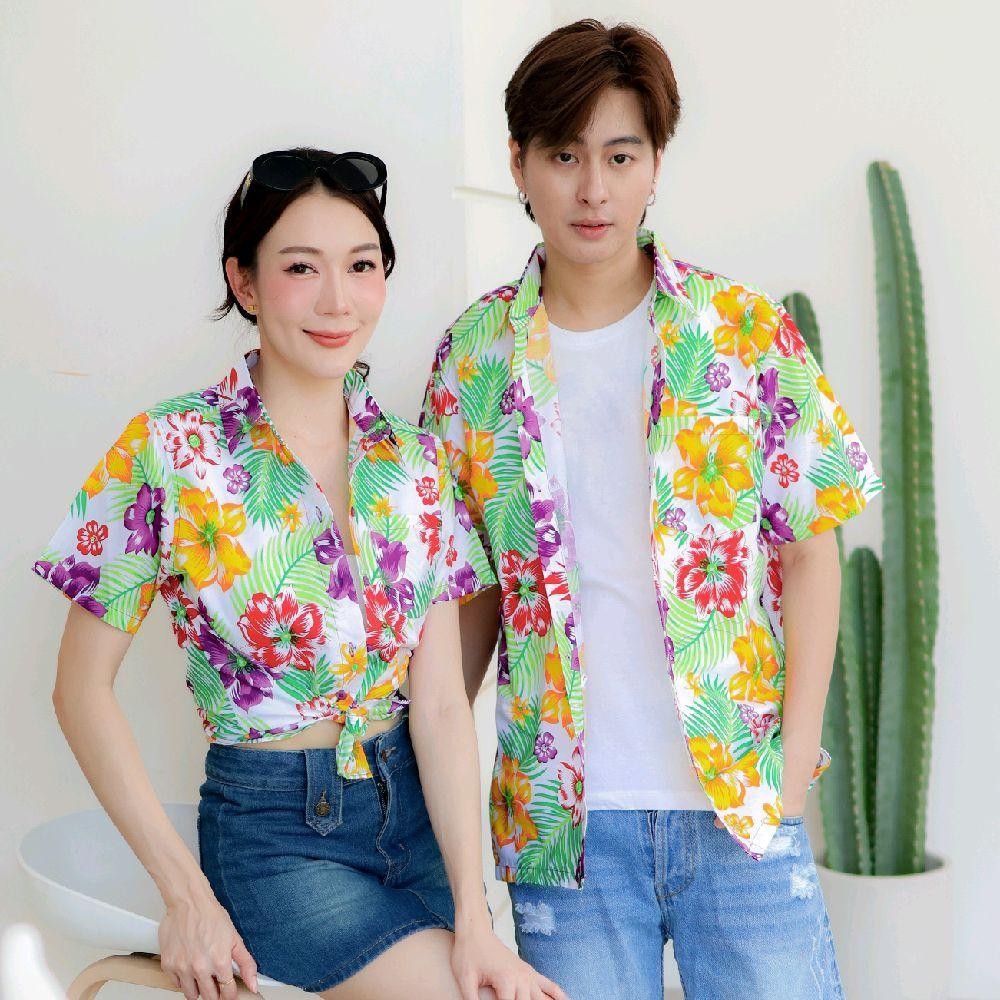 PINK017 เสื้อเชิ้ตลายดอก ผ้าคอตตอน100% สีไม่ตก ผ้าไม่หด ลายคมชัด มีไซส์หญิงชาย S-5XL งาน ป้ายKTIER*1ตัว*