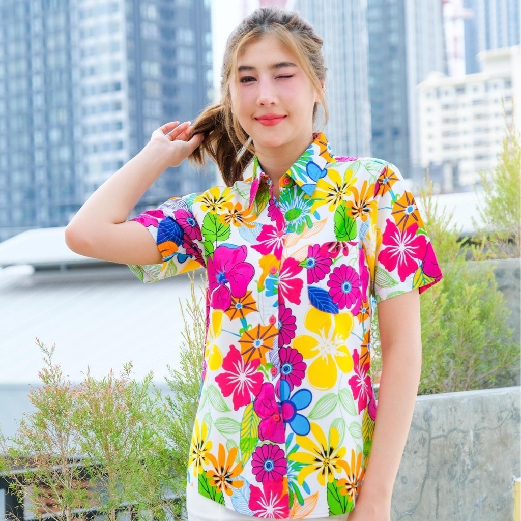 06(ครบทีม)เสื้อสงกรานต์ลายดอก ผ้าคอตตอน100 ครบไซส์ครอบครัว