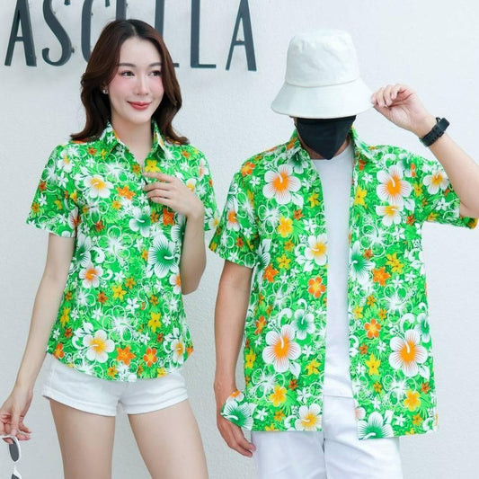 PING020เสื้อเชิ้ตลายดอกผ้าคอตตอน100% สีไม่ตก ผ้าไม่หด ลายคมชัด ไซส์หญิงชาย S-5XL งานป้าย**1ตัว**