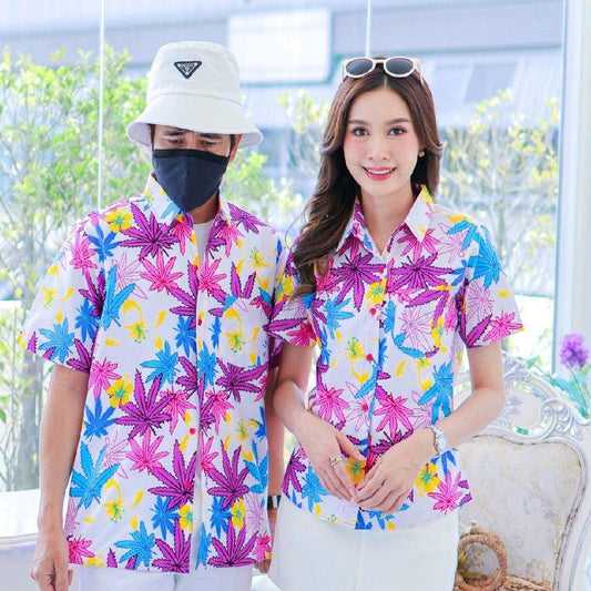 037เสื้อเชิ้ตลายดอก ผ้าคอตตอน100% สีไม่ตก ผ้าไม่หด ลายคมชัด มีไซส์หญิงชาย งานป้ายKTIERออกแบบเอง*1ตัว*