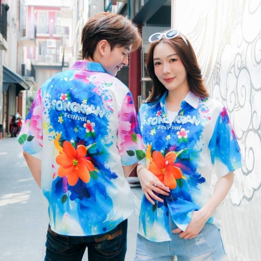 P017 เสื้อฮาวายลายใหม่2025 สาดสีSongkran ทรงวัยรุ่น หญิงชายใส่ได้ ผ้าโพลีพรีเมี่ยม ไซส์38-56นิ้ว งานปัาย ลายคมชัด *1ตัว