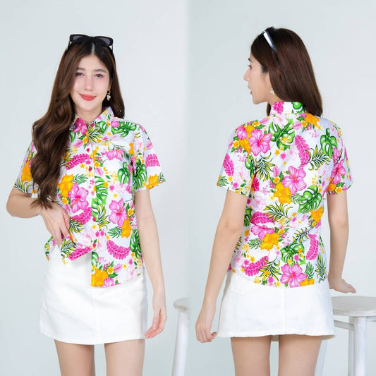 Pinkรวมเสื้อเชิ้ตลายดอก ผ้าคอตตอน100% สีไม่ตก ผ้าไม่หดทลายคมชัด ทรงเข้ารูป งานป้ายKTIER**1ตัว