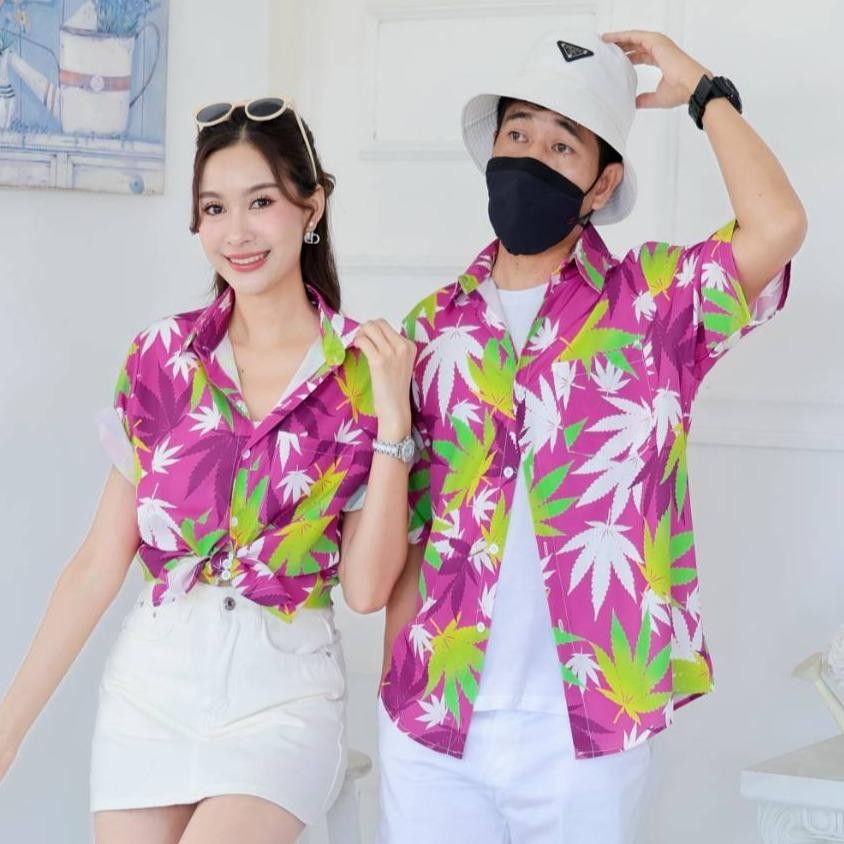 PINK06เสื้อฮาวายลายใบ ไซส์S-8XL ครบทีม ผ้าโพลีพลีเมี่ยม ทรงวัยรุ่น หญิงชายใส่ได้ ลายคมชัด **1ตัว**