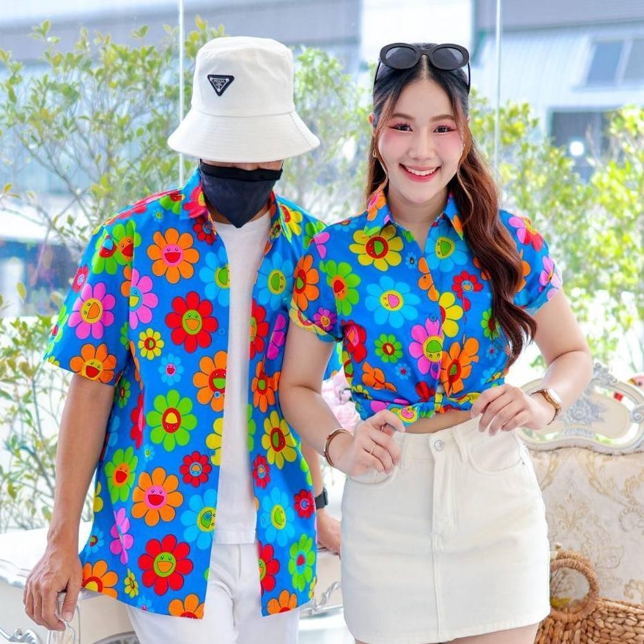 PINK036เสื้อเชิ้ตลายยิ้ม ผ้าคอตตอน100% สีไม่ตก ผ้าไม่หด ลายคมชัด มีไซส์หญิงชาย งานป้ายKTIERออกแบบเอง*1ตัว*