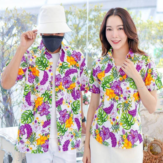 PINK028เสื้อเชิ้ตลายดอก ผ้าคอตตอน100% สีไม่ตก ผ้าไม่หดทลายคมชัด มีไซส์หญิงชาย34-56นิ้ว งานป้ายKTIER**1ตัว