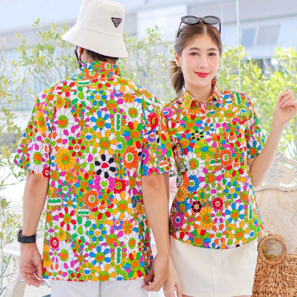 PINK034เสื้อเชิ้ตลายยิ้ม ผ้าคอตตอน100% สีไม่ตก ผ้าไม่หด ลายคมชัด มีไซส์หญิงชาย งานป้ายKTIERออกแบบเอง*1ตัว*