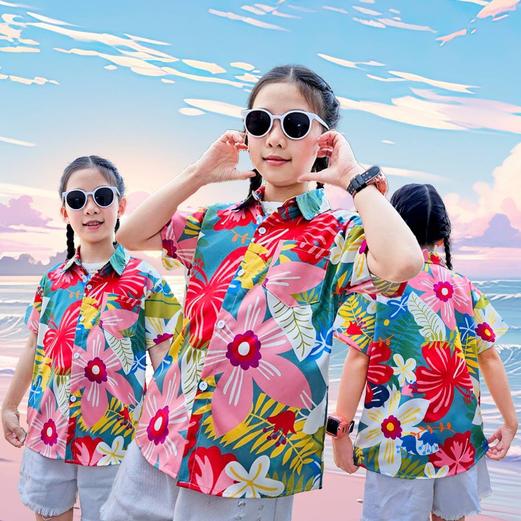 PINKรวมเสื้อฮาวายเด็ก หญิงชายใส่ได้ ผ้าโพลีพรีเมี่ยม ลายคมชัด ผ้าพริ้วใส่สบาย
