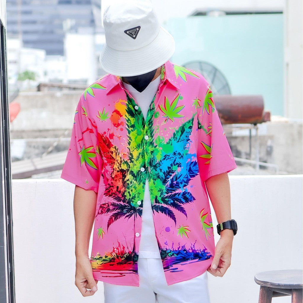 P3134เสื้อฮาวายลายใหม่2025 ทรงวัยรุ่น หญิงชายใส่ได้ ผ้าโพลีพรีเมี่ยม ไซส์38-56นิ้ว งานปัาย ลายคมชัด **1ตัว**