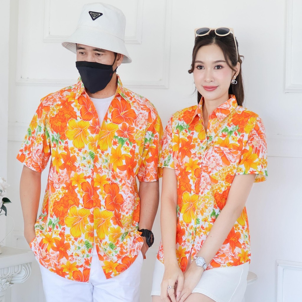 Pink019เสื้อเชิ้ตลายดอก ผ้าคอตตอน100% สีไม่ตก ผ้าไม่หดทลายคมชัด มีไซส์หญิงชาย34-56นิ้ว งานป้ายKTIER**1ตัว