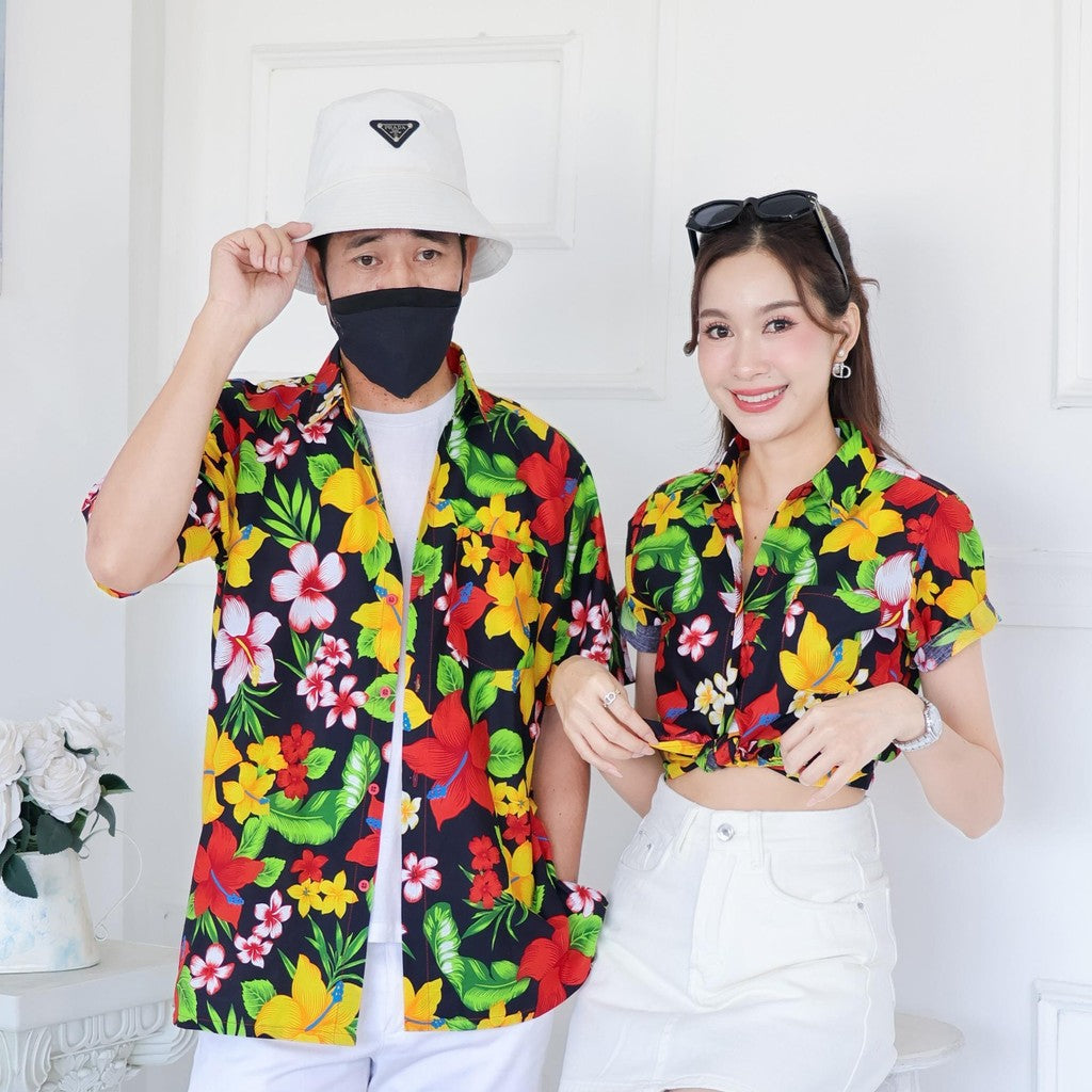 Pink022เสื้อเชิ้ตลายดอก ผ้าคอตตอน100% สีไม่ตก ผ้าไม่หดทลายคมชัด มีไซส์หญิงชาย34-56นิ้ว งานป้ายKTIER**1ตัว