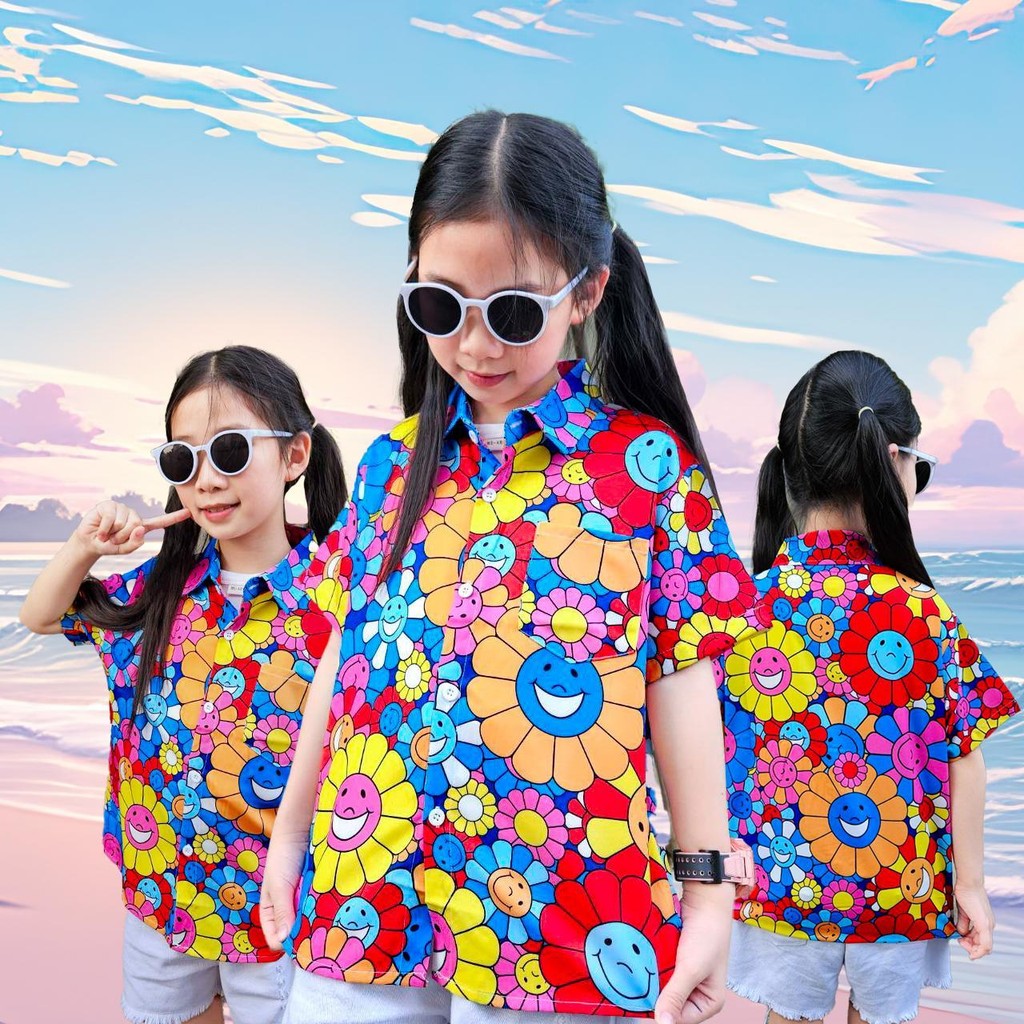 PINKรวมเสื้อฮาวายเด็ก หญิงชายใส่ได้ ผ้าโพลีพรีเมี่ยม ลายคมชัด ผ้าพริ้วใส่สบาย