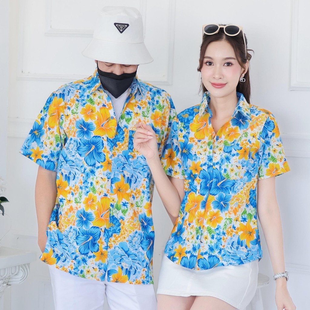 Pink019เสื้อเชิ้ตลายดอก ผ้าคอตตอน100% สีไม่ตก ผ้าไม่หดทลายคมชัด มีไซส์หญิงชาย34-56นิ้ว งานป้ายKTIER**1ตัว