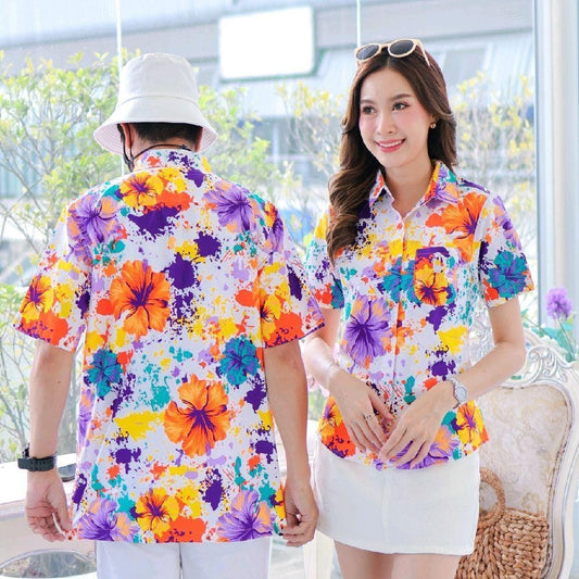 PINK038เสื้อเชิ้ตลายดอก ผ้าคอตตอน100% สีไม่ตก ผ้าไม่หด ลายคมชัด มีไซส์หญิงชาย งานป้ายKTIERออกแบบเอง*1ตัว*