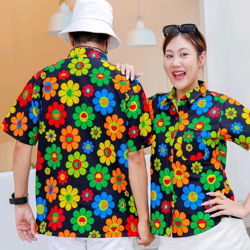 KING036เสื้อเชิ้ตลายยิ้ม ผ้าคอตตอน100% สีไม่ตก ผ้าไม่หด ลายคมชัด มีไซส์หญิงชาย งานป้ายKTIERออกแบบเอง*1ตัว*